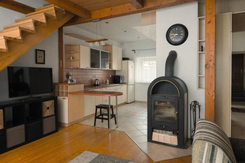 een woonkamer met een open haard en een keuken bij Laurentroom Townhouse in Ukmergė