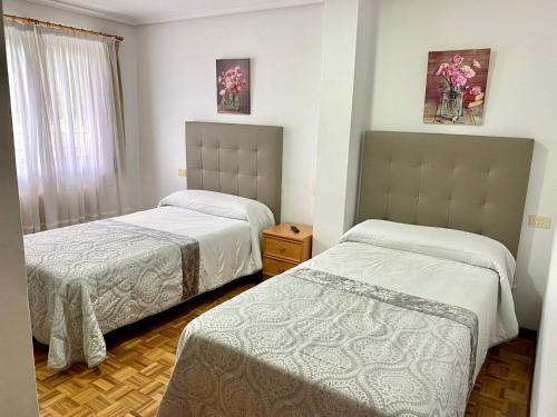 a bedroom with two beds and a window at Garden Lodge Hostal Evencio in Ribadavia