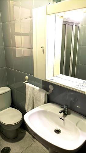 a bathroom with a sink and a toilet and a mirror at Garden Lodge Hostal Evencio in Ribadavia