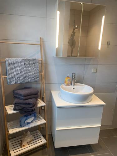 La salle de bains est pourvue d'un lavabo, d'un miroir et de serviettes. dans l'établissement Ferienwohnung Bleicherode, à Bleicherode