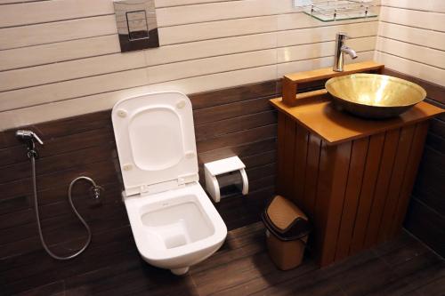 a bathroom with a toilet and a sink at The Himalayan Heaven in Jibhi