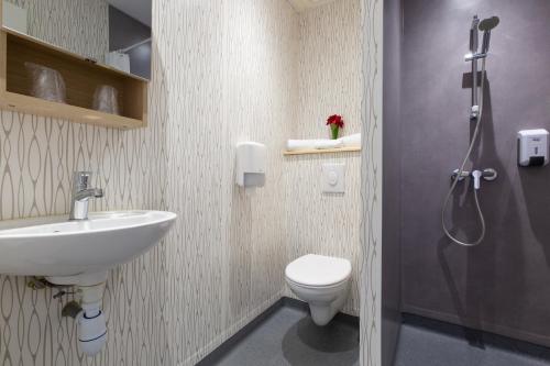 ランゴーニュにあるhotel le beauséjourのバスルーム(トイレ、洗面台、シャワー付)