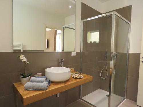 uma casa de banho com um lavatório e um chuveiro em Ariosti Apartment em Bolonha