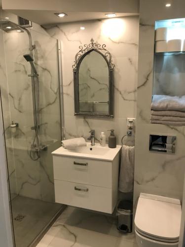 a bathroom with a sink and a shower and a toilet at Apartament Chanel Centrum in Malbork