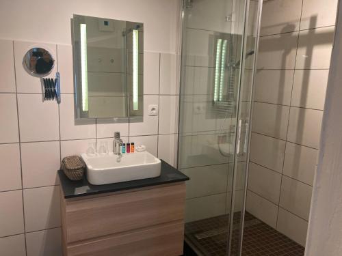 a bathroom with a sink and a glass shower at Burgblickhotel in Bernkastel-Kues