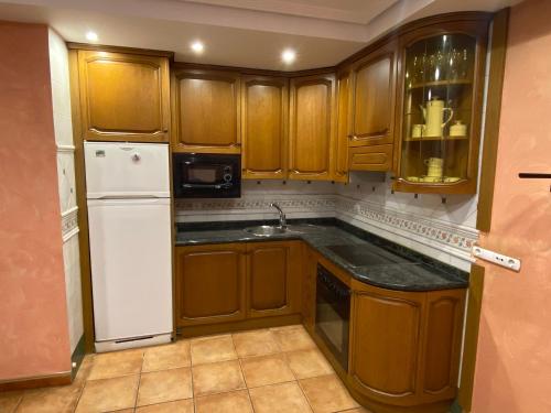 a kitchen with wooden cabinets and a white refrigerator at Casa La Fuente in Huércanos