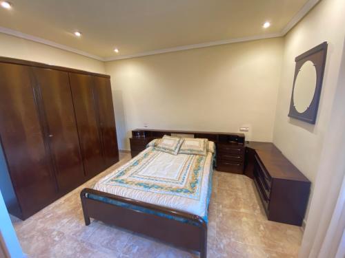 a bedroom with a bed with a dresser and a mirror at Casa La Fuente in Huércanos