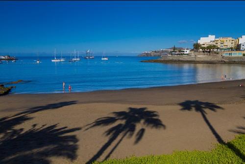 un groupe d'ombres de palmiers sur une plage dans l'établissement Vista Puerto Arguineguín Sea View, à Playa de Arguineguín