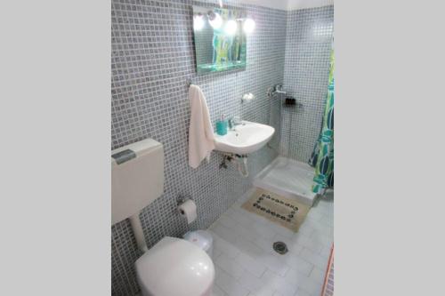 een kleine badkamer met een wastafel en een toilet bij Jenny's Apartments in Milatos
