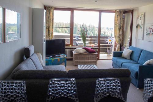 a living room with blue couches and a television at Ferienapartment Hoch hinaus in Kniebis