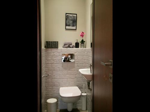a bathroom with a white toilet and a sink at Under the rocks meteora panoramic view villa in Kalabaka