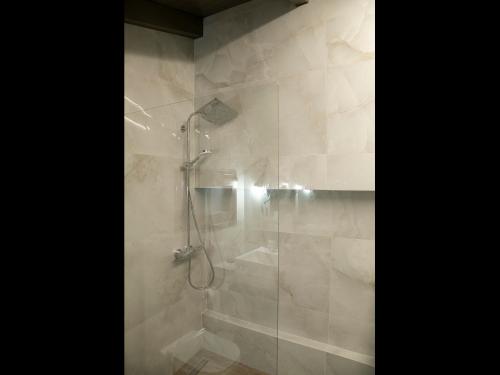 a bathroom with a shower with a glass door at Under the rocks meteora panoramic view villa in Kalabaka
