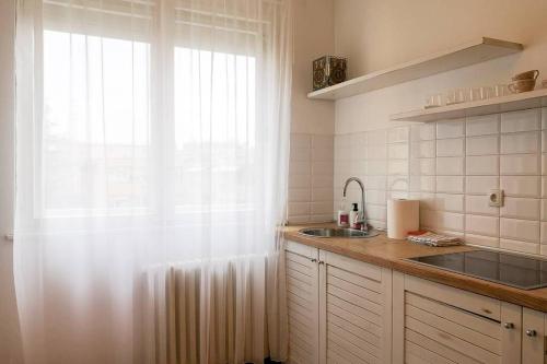 a kitchen with a window and a sink and a counter at FilinHome Pionirska Parkview Suite in Novi Sad