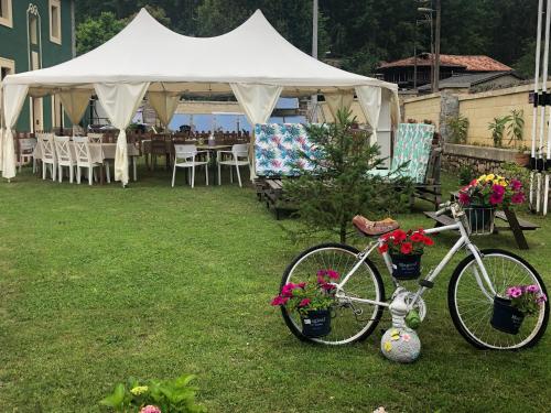 a bike parked in front of a tent with flowers at Villa Palatina in Bolgues