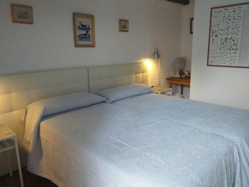 a bedroom with a bed with a blue comforter at Casa Rural Boletas in Loporzano