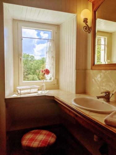 une salle de bain avec un lavabo et une fenêtre dans l'établissement Terra Seren en Périgord, à Siorac-de-Ribérac