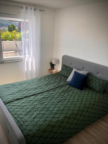 a green bed with a blue pillow in a bedroom at Ferienwohnung no.55 in Lörrach