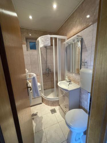 a bathroom with a toilet and a shower and a sink at Tole Villa Podaca in Podaca