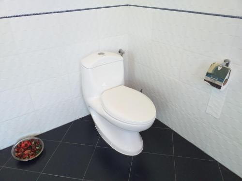 a bathroom with a white toilet in a room at Стаи за Гости Lavender Lozen in Lozen