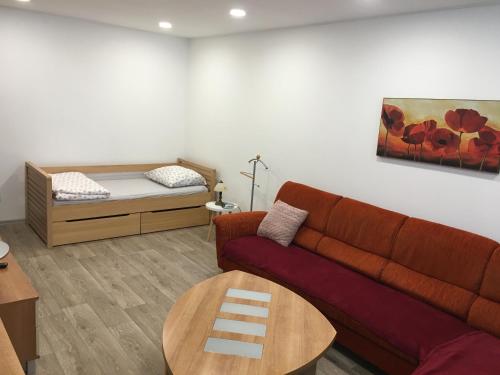 ein Wohnzimmer mit einem Sofa und einem Bett in der Unterkunft Ubytování Puškinova in Vyškov