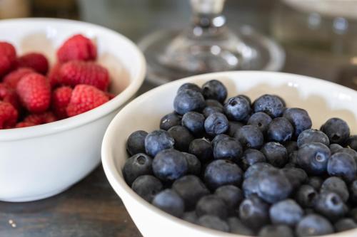 two bowls of blueberries and strawberries on a table at Agriturismo Olmo in Sondrio