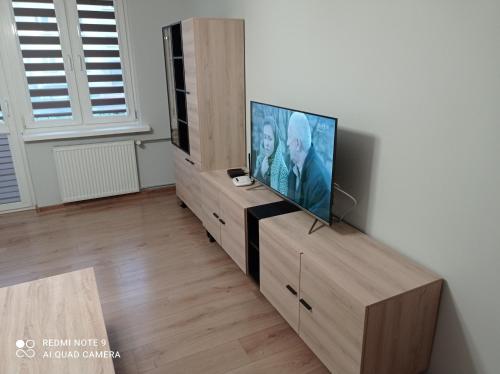 a living room with a flat screen tv on a wooden cabinet at Apartament na parterze in Stalowa Wola