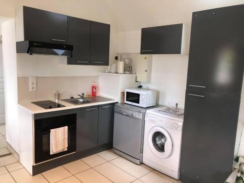 La cuisine est équipée d'un lave-linge, d'un évier et d'un réfrigérateur. dans l'établissement Chez Benjamin & Samantha - Les Portes du Château, à Azay-le-Rideau