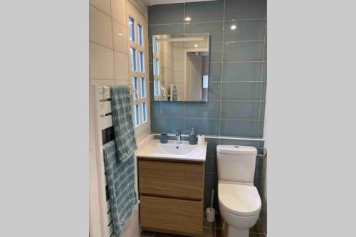 une salle de bain avec toilettes, lavabo et miroir dans l'établissement Le petit pontépiscopien, à Pont-l'Évêque