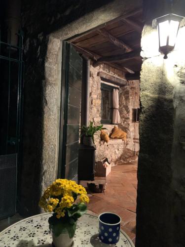 a room with a table with a vase of yellow flowers at Il Mulino di Valeria in Canzo