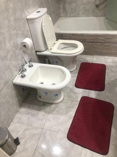 a bathroom with a toilet and a sink and red rugs at varesse house in Mar del Plata