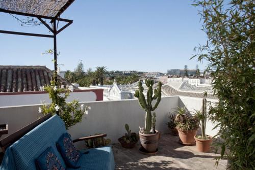 a blue couch sitting on a balcony with plants at Casa Beleza do Sul in Tavira