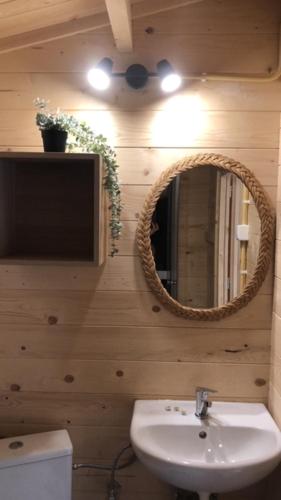 ein Badezimmer mit einem Waschbecken, einem Spiegel und einem WC in der Unterkunft Domek the luxe in Šluknov