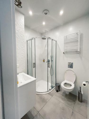 a white bathroom with a shower and a toilet at BOOGIE Home Kamienica Łódzka in Łódź