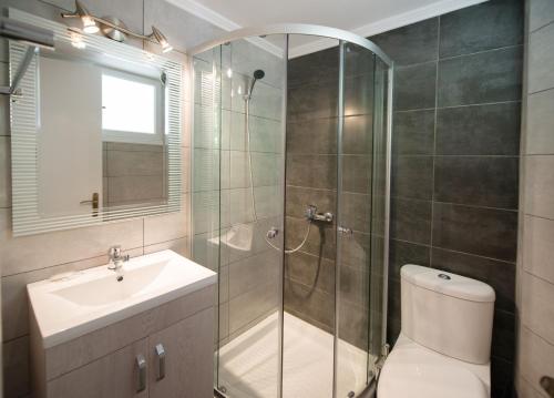 a bathroom with a shower and a toilet and a sink at Ilios Studios in Lefkada