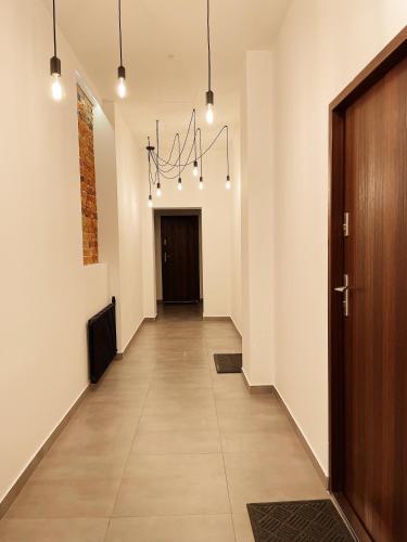 a hallway with white walls and a wooden door at BOOGIE Home Kamienica Łódzka in Łódź