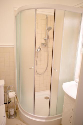 a shower with a glass door in a bathroom at Kolyada Hotel in Odesa