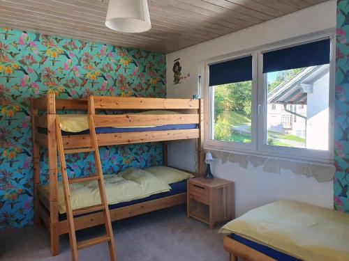 1 dormitorio con 2 literas y ventana en Forest Lodge en Bayerisch Eisenstein