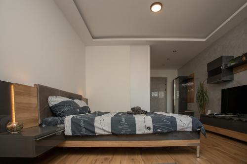 ein Schlafzimmer mit einem Bett in einem Zimmer in der Unterkunft Apartman Maja in Subotica