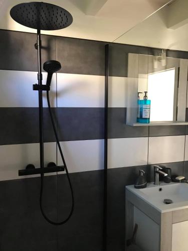 une salle de bain avec douche et lavabo dans l'établissement Ty Mamm Gozh, à Plonévez-Porzay