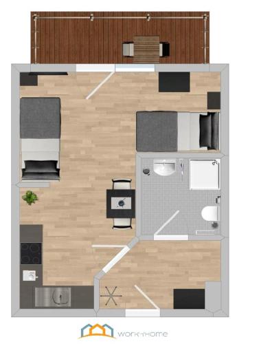 Grundriss eines kleinen Apartments mit einem Schlafzimmer in der Unterkunft SAD171 - Monteurappartement in super Lage in Schwandorf in Bayern