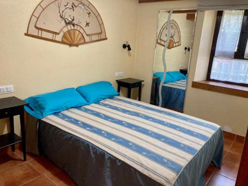 a bedroom with a bed with blue pillows and a mirror at Rincón de Altikarra in Undiano