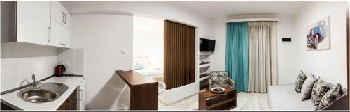 a kitchen with a sink and a couch in a room at Villa Irina sea view in Sykia Chalkidikis