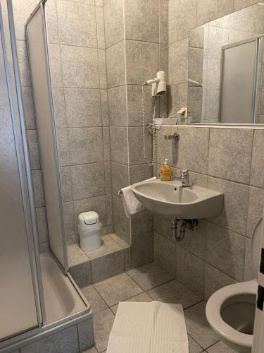 ein Bad mit einer Dusche, einem Waschbecken und einem WC in der Unterkunft Hotel Restaurant Germania in Neuwied