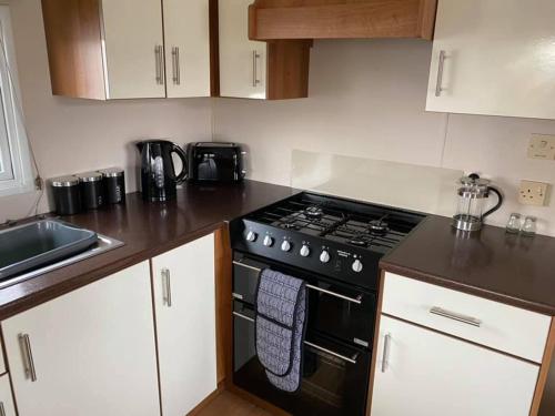 una cocina con estufa y encimera en Tattershall Lakes Caravan Ezees Holiday Retreat, en Tattershall