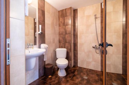 La salle de bains est pourvue de toilettes, d'un lavabo et d'une douche. dans l'établissement Family Hotel Panorama, à Chiflik
