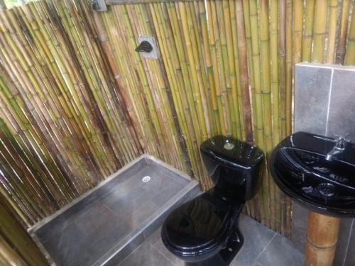 Arbeláez的住宿－Glamping Altos De Tiscince，浴室设有黑色的卫生间和水槽。