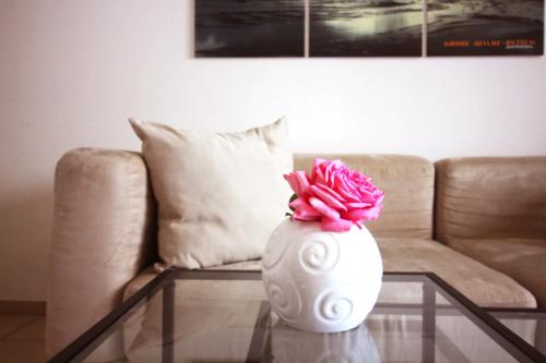 a white vase with a pink flower sitting on a glass table at GROßE-WILDE-BETTEN in Wittdün