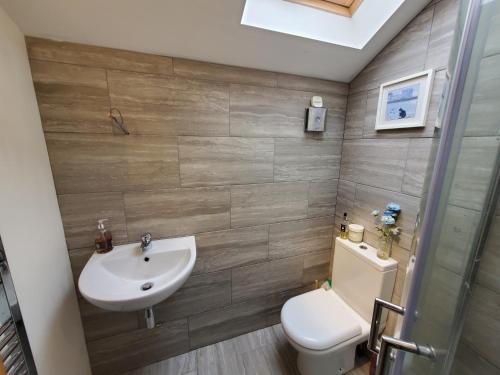 a bathroom with a sink and a toilet at Cosy cottage in the Blackdown Hills Devon in Honiton