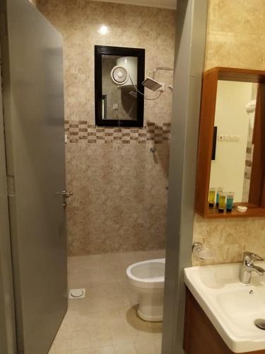 a bathroom with a toilet and a sink and a mirror at فندق الحاتمية in Abha