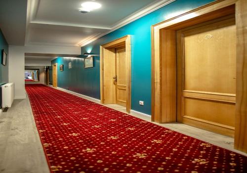 a hallway with a red carpet on the floor at English House in Bistriţa